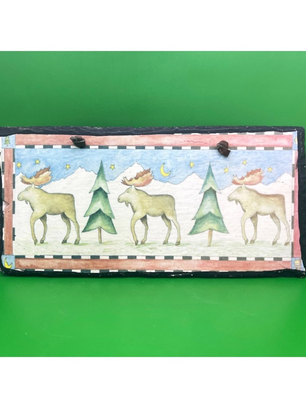 Rustic Moose Slate Wall Hanging Lodge Cabin Décor 12" Art Plaque Leather Strap